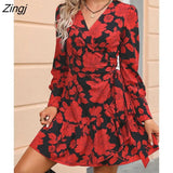 Floral Print Belted Wrap Mini Dress For Women Sexy V-neck Ruffled Long Sleeve A-line Dress 2023 Spring Autumn Female