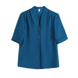Shirt Women Satin Vintage Shirts OL Basic Blouse Women Short Sleeve Blouses Silk Fashion Women's Clothing Solid Women