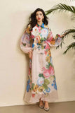 Court-Print Bubble-Sleeved Dress Women's Autumn Strap-In Belt Design Super Fairy Long Dress