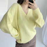 Autumn And Winter Ultra-Soft V-Neck Imitation Marinish Sweater Female Lazy Style Loose Knitted