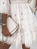 Lace Mini Dress Women Three Quarter Sleeve Dress Female V Neck Patchwork Lace Up Dress Ladies Vacation Beach
