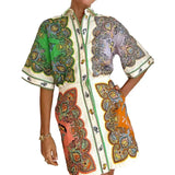 New Women's Collar Single Row Buckle Long-Sleeved Temperamental Print Dress Dress