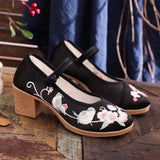 Zingj Heel Square With Women's Shoes A Word Buckle Shallow Spring And Summer New Embroidered Cloth Shoes With Horse Face Skirt High Heel Embroidered