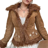 Retro Millard Hair Collar Flower Embroidery Short Warm Coat Thairy