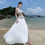 Zingj White Hollow Out Inclined Shoulder Sleeveless Dress Female Summer Senior Sense Seaside Vacation Temperament Show Thin Long