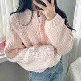 Round Neck Lantern Sleeve Knitted CardiganOutfit