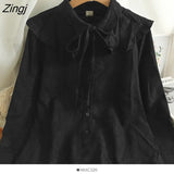 Lace Up Corduroy Shirt Women Korean Style Turn-down Collar Long Sleeve Blouses Spring Autumn Elegant Office Ladies