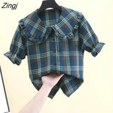Sweet Plaid Shirt Women Kawaii Peter Pan Collar Lolita Blouse Japanese Preppy Style Puff Sleeve Top Blusas Mujer De