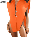 Female Shirt Fashion Sexy Solid Color Turn-Down Collar Sleeveless Tops 2023 Streetwear