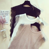 Sleeveless Lace Knitted Shirt 2023 Korean Patchwork Tops Women O-Neck Solid Hollow Out Clothes Mesh Chic Blusas 8795