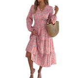 Shooting Autumn And Winter Elegant Flowers V Lead Long Sleeves To Close Waist Lotus Leaf Side A Dress Women's