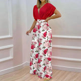 Women's Autumn New Temperament V-Neck Print Wide Leg Pants Fashion Casual Set
