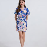 Dress Women Summer French Retro V-Neck Lantern Sleeve Embroidered Mesh Yarn Waist Bubble Sleeve