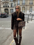 Brown Faux Fur Collar Suede Short Jacket- Outfit