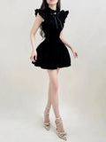Ruffle Sleeve High Neck Velvet Black Mini Dress-Outfit