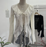 Wind To Make Old Hole Horn Long Sleeve Open Shirt Tie With Lotus Leaf Side V Collar Sunscreen Shirt