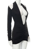 Sexy Hollow Deep V Neck Ruched Mini Dress Women Long Sleeve Backless Party Clubwear Lady Vestidos Mujer