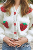 Elegant Strawberry Decoration Christmas Cardigan Sweaters for Women Girls' Single Breasted Loose V-Neck Coat Clothing