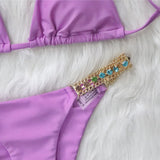 Zingj New Sexy Metal Accessories Rhinestone Solid Color Bikini Female Split Swimsuit Strap