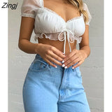 Women's Bandage T Shirt Tops Short Sleeve Backless Solid Color Crop Tops for Party Dating Holiday Vacation