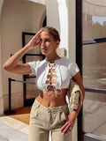 Women Short Sleeve Tops Summer Casual Solid Color Bandage Cutout Crop Basic T-shirts for Party Y2K