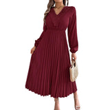 Shooting 2025 Spring And Summer Elegant Temperament V-Neck Lace Waist 100-Folded Dress Women's