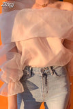 Shouder Top Women Mesh Blouse Korean Style Long Sleeve Woman Blouses Fashion Ladies Tops 2023 Blusas