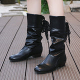 Round Head Down With Coarse Leather Boots After The Ribbon In The Boots