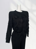 Zingj Not Pierced Hole Round Neck Tassel Sweater Women's Design Sense Bottom Waste Earthen Top Loose