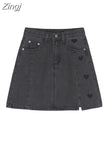Grey Color A Line Denim Skirt Women 2023 Summer New Streetwear Love Embroidery High Waist Split Mini Jeans Skirts