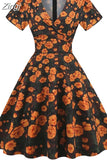60s 50s Big Swing Summer Dress Women Causal Robe Midi Pin-Up Tunic Sundress Short Sleeve V Neck Party