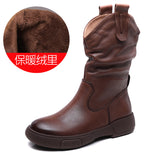 Boots Pile Boots Top Layer Of Kraft Mid-Sleet Boots Women Flat Bottom Soft Skin Autumn Winter Leather Martin Boots Horse Rider