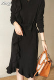 O-neck Ladies Knitted Dress Long Sleeve Ruffles Slim Lace-up Female Sweater Midi Dresses Autumn Winter 2023 New
