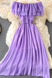 Chiffon Dress Women Sexy Slash Neck Ruffle Robe Elegant Ruffle High Waist Vestidos Female Beach Vacation