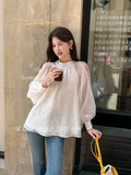 Xixi 2025 Autumn White Standard Korean Version Of The Lace With Chiffon Long-Sleeved Shirt Women's Top