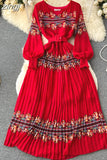Bohemian Women Printed Pleated Long Dress Elegant Vacation Beach Maxi Vestidos Female Lantern Sleeve Draped Robe