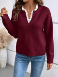 2025 New Fashion Lace V-Neck Sweater Solid Color Loose Long-Sleeved Knitwear