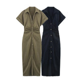 New Linen Folding Waist Dress