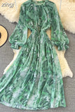 Women Printed Long Dress Vintage Ruffle Stand Collar Puff Sleeve High Waist Elegant Maxi Robe Female Big Swing