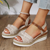 New Fish Mouth Bow Buckle Thick Bottom Slope Sandals Women's Large Size Hemp Rope Bottom Flat Bottom Women