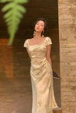 Party Midi Dresses for Women 2025 Summer Square Collar Slim Prom Female Clothes Wedding Evening Satin Dress New Robe 211-0-Outfit