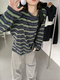 Zingj Collar Striped Long-Sleeved T-Shirt Women's Autumn 2024 New Design Feeling Loose Show Thin Casual Students Slit