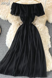 Chiffon Dress Women Sexy Slash Neck Ruffle Robe Elegant Ruffle High Waist Vestidos Female Beach Vacation