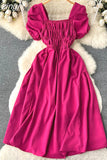 Vintage Women Square Collar Draped Dress Eleagant Puff Short Sleeve High Waist A-Line Knee-Length Robe Female New