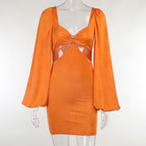 Clubwear Cut Out Casual Lantern Long Sleeve Women Mini Dress Circle Elegant Summer Sexy Bodycon Mini Vestidos