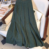 Green Plaid Long Pleated Skirts Womens Autumn Elastic High Waist Knitted Midi Skirt Female Street Black White Warm