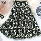 Embroidery Tulle Skirt Women Elegant Design A-Line High Waist Long Pleated Skirt Female Sweet Butterfly Mesh Tutu