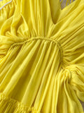 Women Pleated Chiffon Dress Sexy V-Neck Puff Sleeve High Waist Draped Vestidos Female Vacation Beach Midi Robe