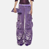 Zingj 2024 New Fashion Design Sense Splicing Pocket Decorative Design Sense High Waist Velvet Pants Straight Tube Cargo