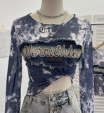 Shooting Hottie Perspective Dye Mesh Spliced Denim Long-Sleeved Shirt T-Shirt T-Shirt